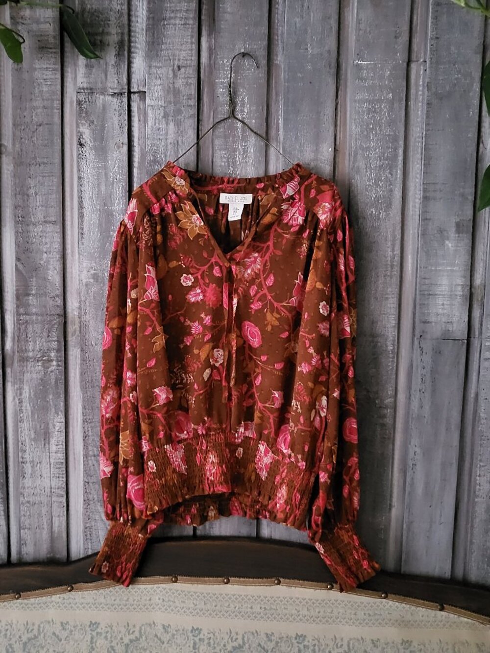 RACHEL ZOE Brown Pink Floral Smocked Blouse Top M